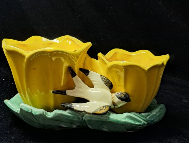 VINTAGE 1948 MCCOY Pottery Yellow & Green Double Cache Tulip Planter