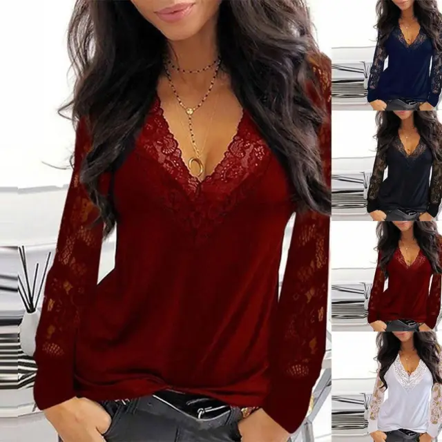 Womens Lace V Neck Hollow Shirt Tops Gothic Punk Long Sleeve Casual Loose Blouse