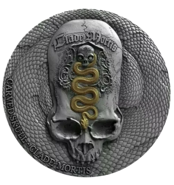 2018 CLADE MORTIS CARVED SKULL 1oz UHR Silver Coin Antiqued Cameroon
