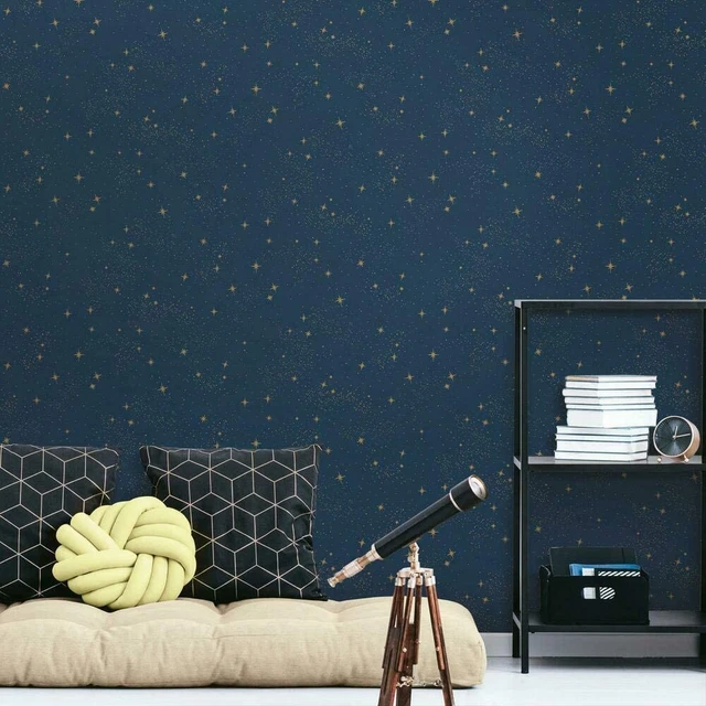 Roommates RMK11319WP upon a Star Navy and Metallic Peel and Stick Navy Wallpaper
