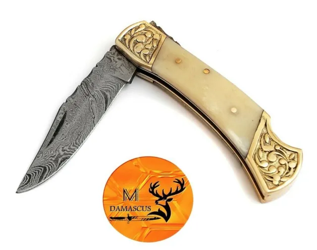 Custom Handmade Forged Damascus Steel Folding Pocket Knife Camel Bone Handle 700