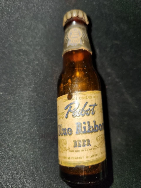 Vintage Pabst  Blue Ribbon PBR Mini Glass Beer Bottle & Cap Bar Brew Advertising