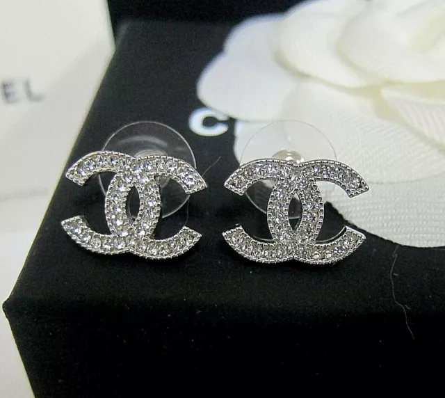 NWT 23S Chanel Classic CC Logo Gold Black Crystal Stud Earrings