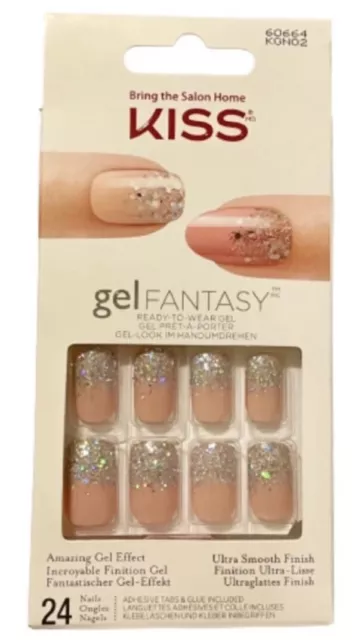 Kiss Gel Fantasy Glue On Nude Medium Length Nails w/ Silver Glitters Please Read