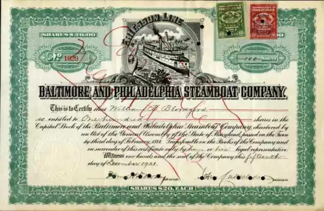 1921 Baltimore & Philadelphia Steamboat Stock Certificate