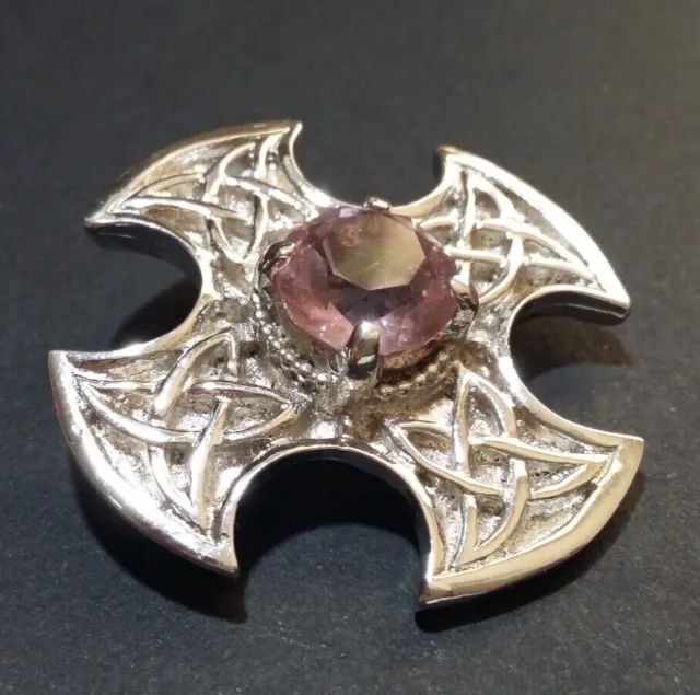 Beautiful Celtic Style Brooch With Purple Faux Gem Stamped CJ Scotland.