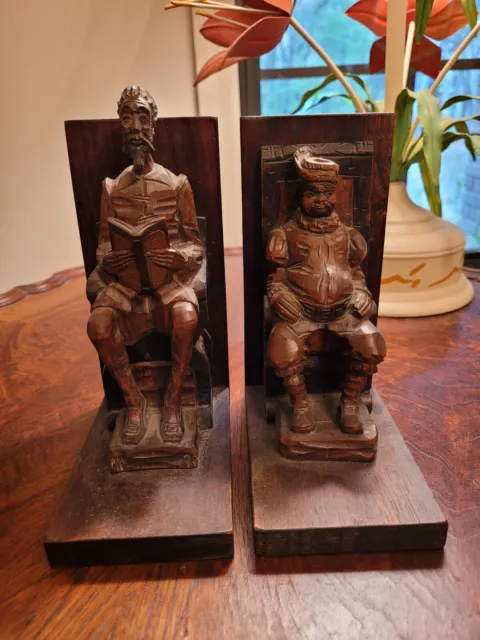 Pair of Carved Wood Bookends Don Quixote & Sancho Panza Figures