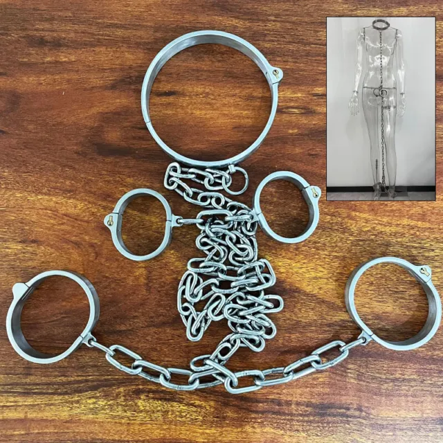Stainless Steel Neck Collar&Handcuffs&Ankle Cuffs Shackle Chain Restraint Set SM