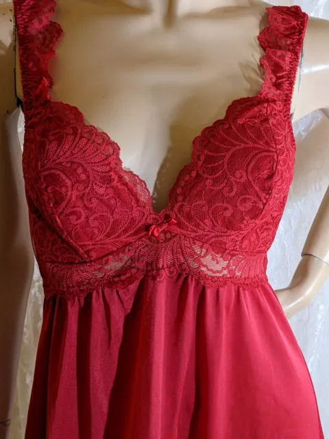 Vintage Olga Red Gently Padded Built-in Bra Lingerie Dress 48" Tall Nightgown L 2