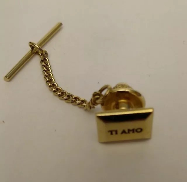 Vintage TI AMO Gold Tone Tie Pin Tack Bar Chain USA Rectangle Mens Rare
