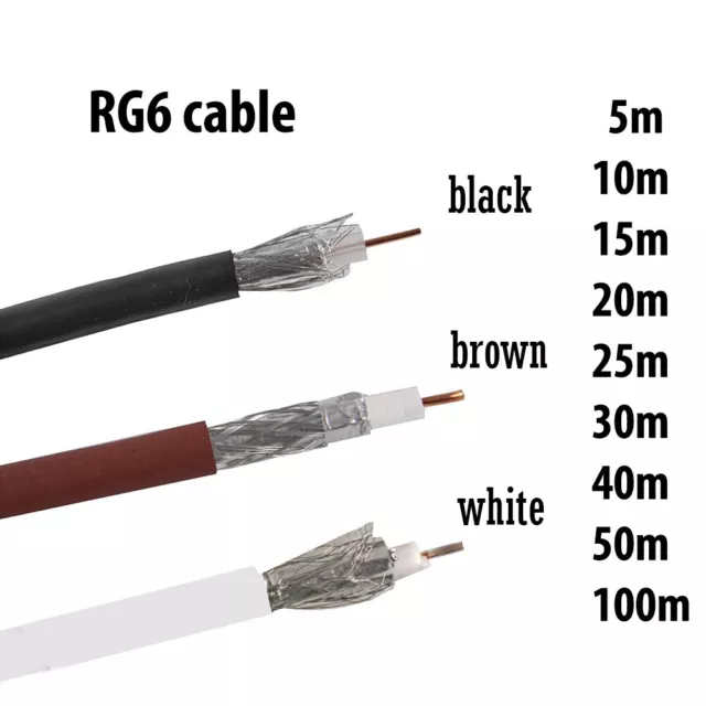 Coax TV Aerial Satellite SKY RF Coaxial Cable RG6 BLACK WHITE BROWN Wire