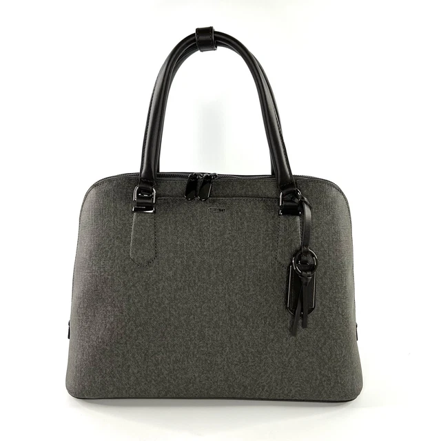 TUMI Deonne Domed Satchel Earl Grey Handbag Brown Leather Trim Laptop Bag