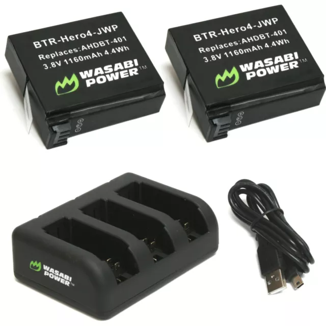 Wasabi Power Battery (2-Pack) and Triple Charger for GoPro HERO4, AHDBT-401