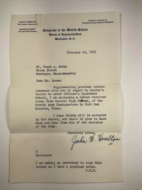 1951 U.S. Congress Member John Heselton Signed Letterhead to Montague, MA