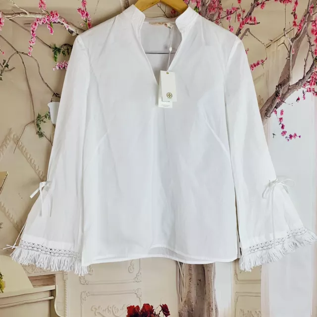 NEW Tory Burch Sophie Women's Blouse Size 0 White Cotton Fringe Bell Sleeve 2