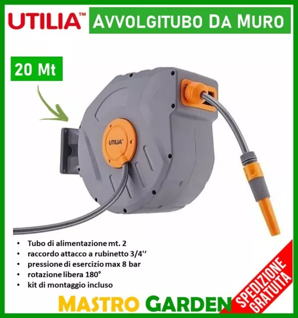 Avvolgitubo Da Muro 20 Mt Da 1/2'' Riavvolgimento Automatico Tubo Acqua Giardino