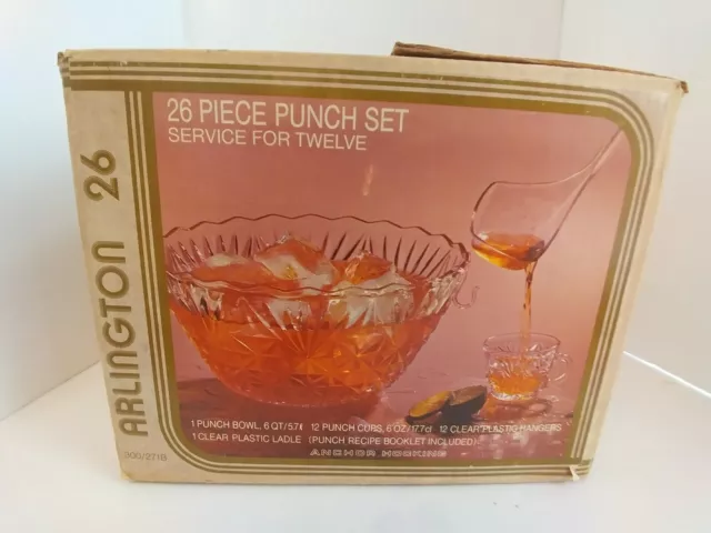 Anchor Hocking Glass Clear Vintage Arlington Punch Bowl, 12 Cups Set