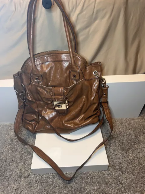 Jessica Simpson Large Shoulder Bag Zip Close w Buckles Accent- Camel Brown