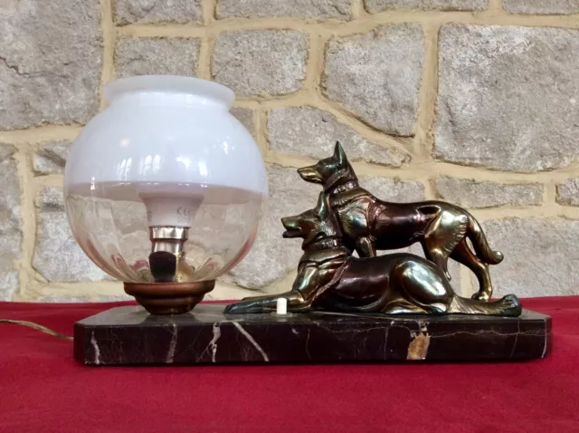 Antique Art Deco Table Lamp,Spelter Dogs,Glass Globe Light Shade,Marble Base,Old