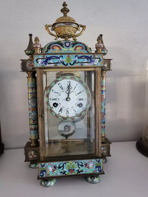Groß Vintage Chinesische Cloisonne Emaille Träger Kaminsims Clock (0542)