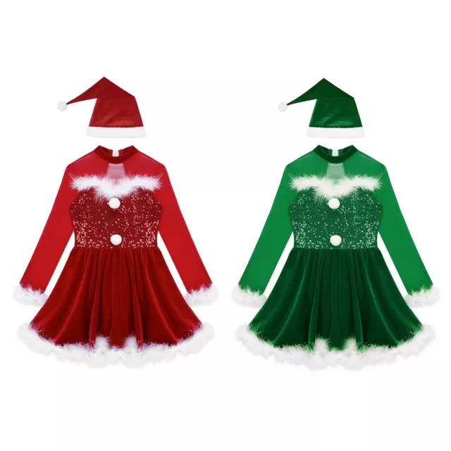Kids Girls Xmas Cosplay Sequins Christmas Costume Set Party Dress With Hat