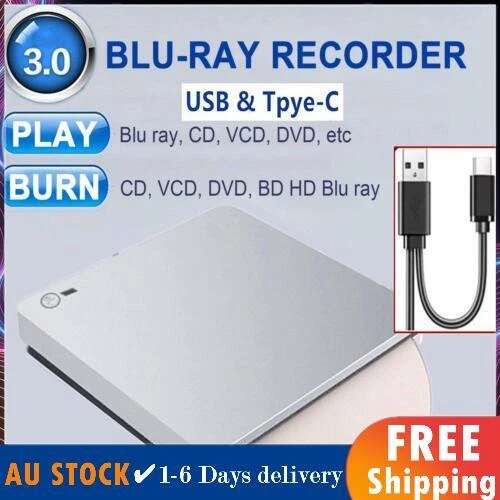 Blu ray Burner USB External BD-R BD DVD CD RW Disc Writer Movie Player Silver