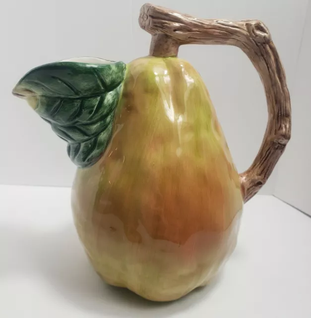 Vintage Yellow Green Ceramic Figural Pear Squash Shaped Pitcher Hand Painted