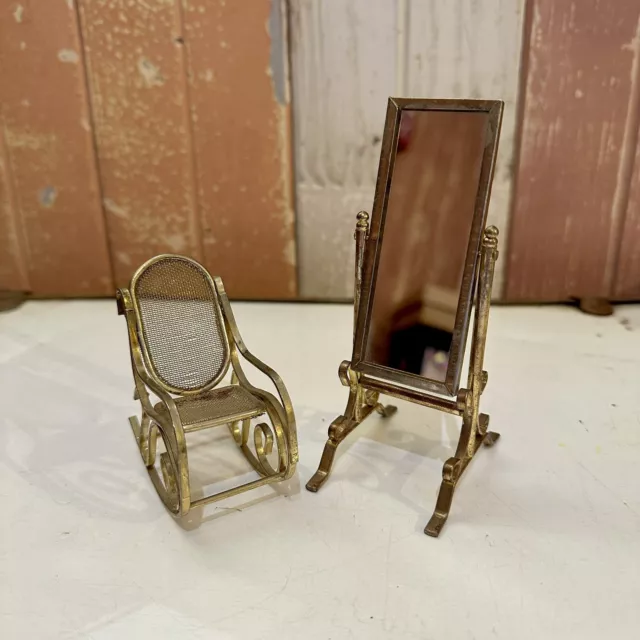 Vintage Brass Dollhouse Furniture Rocking Chair and Cheval Mirror