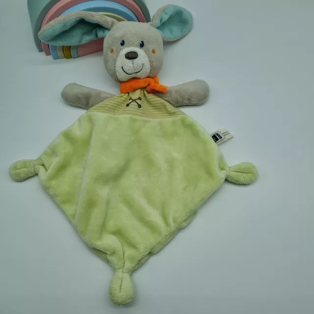 22 - Doudou Plat  Tex Baby Lapin Vert Gris Bleu Echarpe Orange Tbe