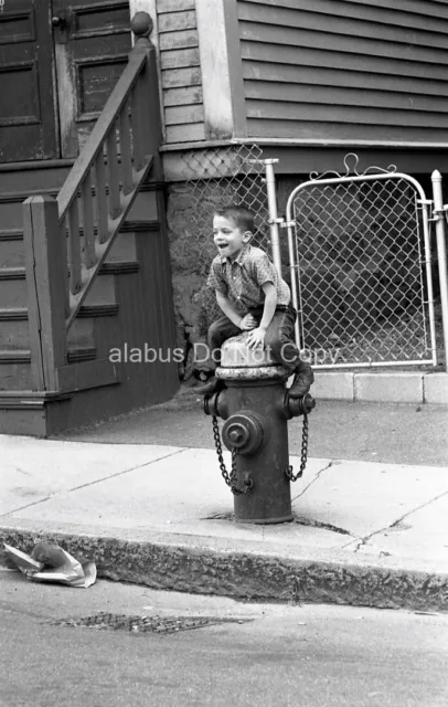 Orig 1960's NEGATIVE Little Boy Having Fun Sitting on a Fire Hydrant Boston Area