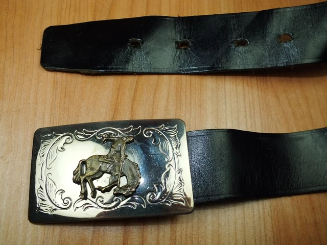 Vintage Cowboy Turning Rodeo 1970s Leather Belt & Buckle Country & Western USA