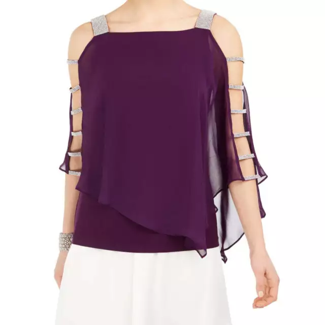 Msk Womens Embellished Cold Shoulder Top Plum Purple/Silver Size X-Large