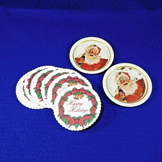 Vintage Christmas Coasters Metal Coke Cola & Happy Holidays Paper