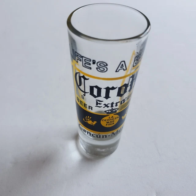 Corona Extra  LIFE'S A BEER Cancun,Mexico 4" SHOT Clear Glass Blue/ Yellow