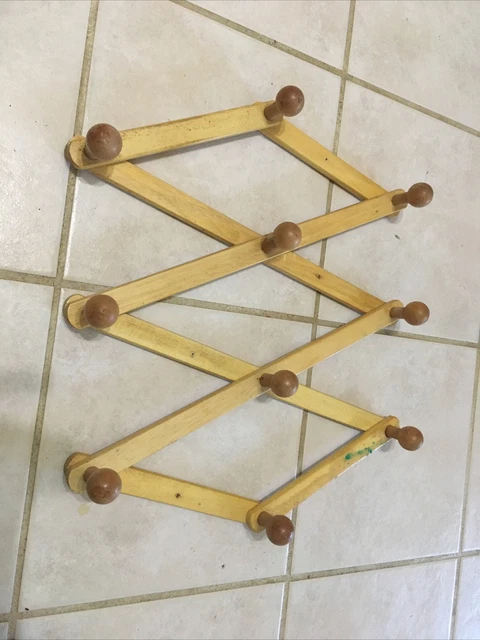 Vintage Expandable Wooden Accordion 10 Peg Wall Hanger Mug Coat Hat Jewelry Rack