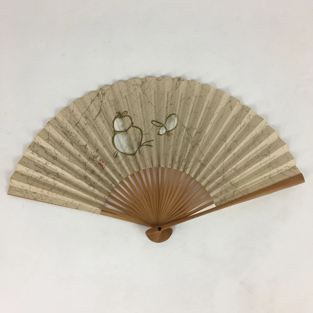 Japanese Folding Fan Vtg Sensu Bamboo Frame Paper Gourds Hyotan 4D591