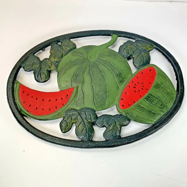 Cast Iron Watermelon Fruit 11" Long Metal Decor Trivet, Green/Red, Vintage
