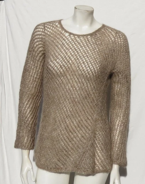 EILEEN FISHER US S Beige Lightweight Open Knit Mohair Wool Sweater Pullover Top