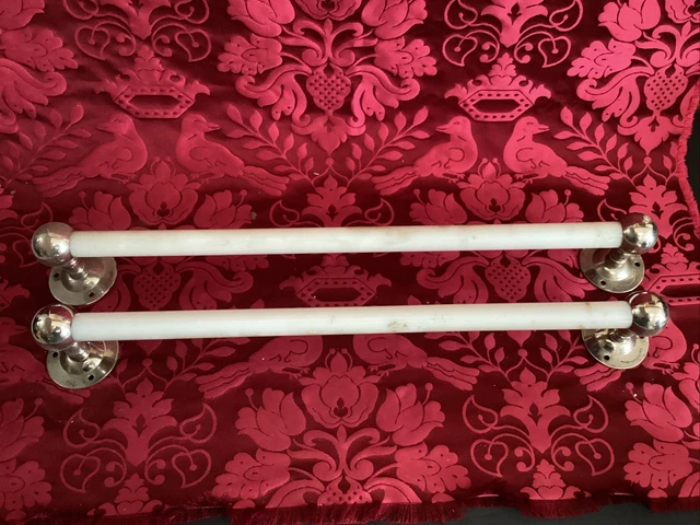 Pair Antique c1915 Brasscrafters 1 in Dia Milk Glass Towel Bars Long Nickel Ends