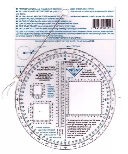 RM PRODUCTS Military Round Protractor Blue SCALES: 1:25k 1:50k 1:100k Vintage 95