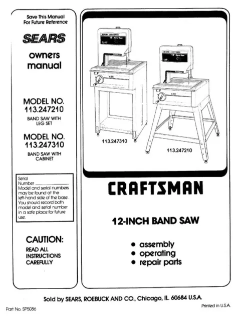 Owner's Manual & Parts List  Sears Craftsman 12" Band Saw - Model 113.247210