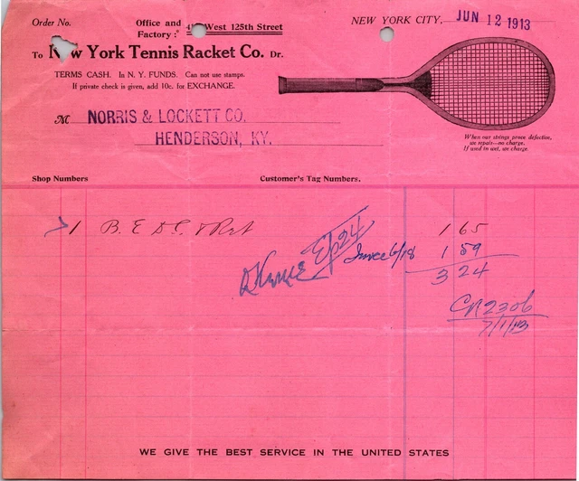 New York Tennis Racket Co New York NY 1913 Billhead Tennis Racket Vignette