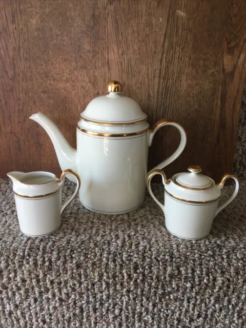 1975 Fitz & Floyd PALAIS BUFF Coffee Pot Server Set Ivory  w/ Gold Trim