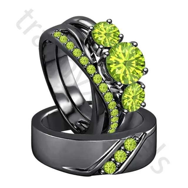 2.80 Ctw Lab Created Peridot 14K Black Gold Over His & Her Trio Ring Set
