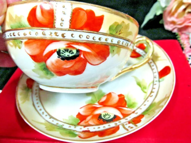 Nippon tea cup and saucer floral painted poppy flowers teacup 1920s beaded gold