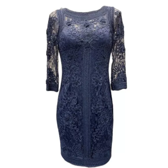 NWT SUE WONG NOCTURN Navy Blue Lace Cocktail Dress SIZE 2 Long Sleeve Round Neck