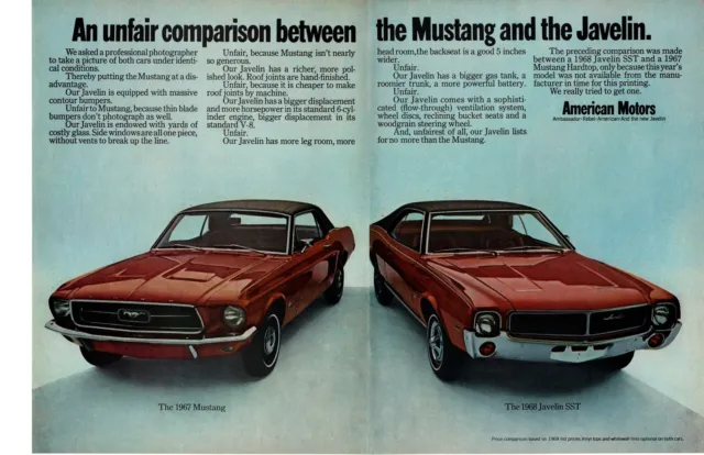 1968 AMC Javelin SST V-8 vs 1967 Ford Mustang Hardtop 6-Cylinder 2-Page Print Ad