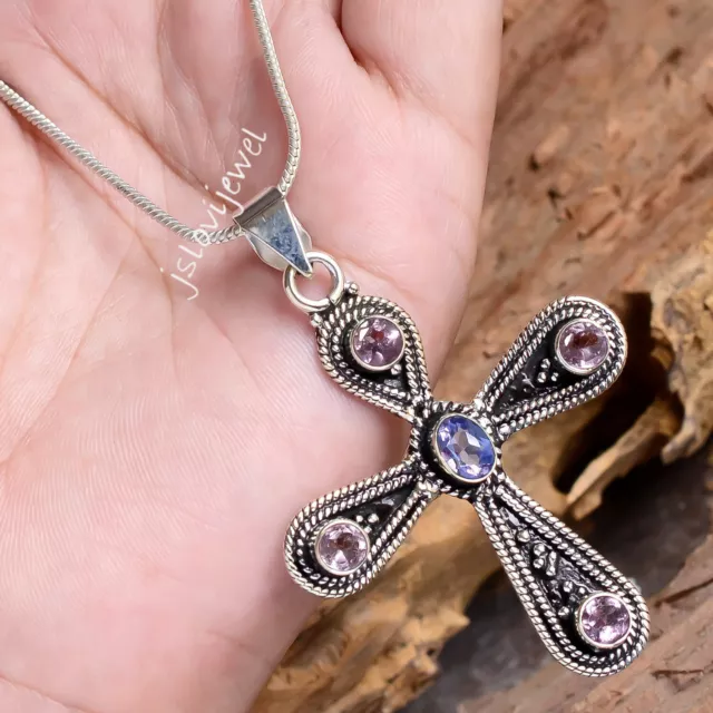 Faceted Amethyst Multi Gemstone 925 Sterling Silver Oxidized Cross Pendant