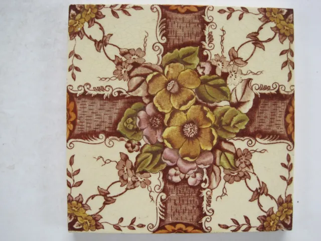 Antique Victorian Print And Tint Tile - Flowers And Trellis
