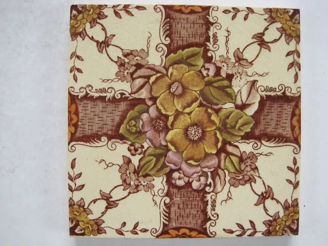Antique Victorian Print And Tint Tile - Flowers And Trellis